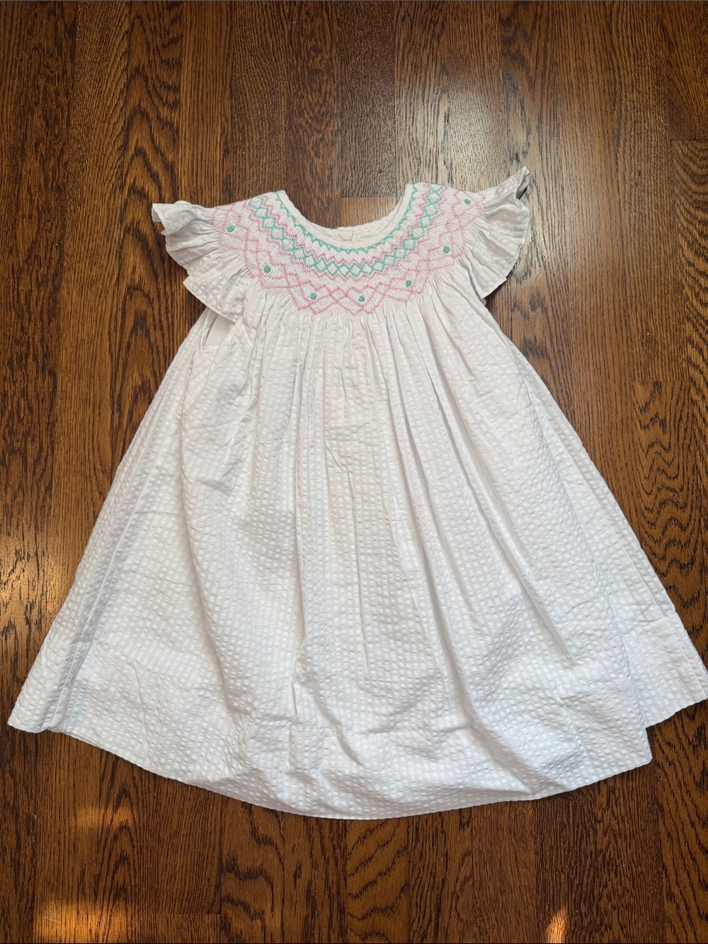 Cecil and Lou White Smocked Dress with Pink & Teal Embroidery